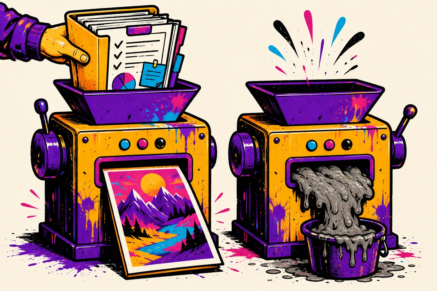 Illustration of two machines: one fed a full folder of documents producing a sharp colourful poster, the other fed nothing producing grey mush