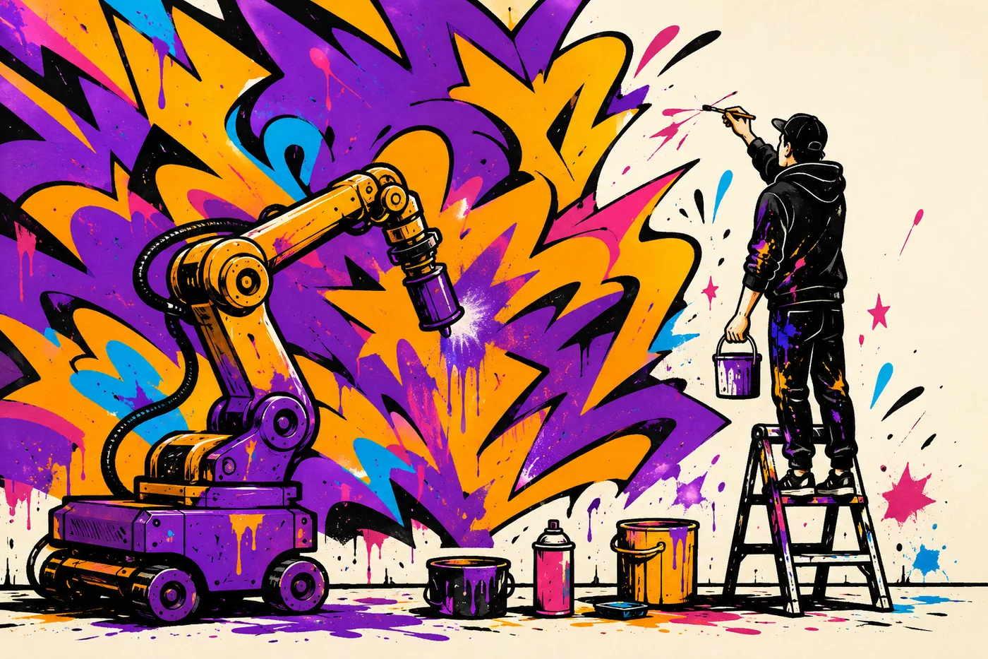 Illustration of a robotic arm spray-painting most of a wall mural while a human adds the final details by hand