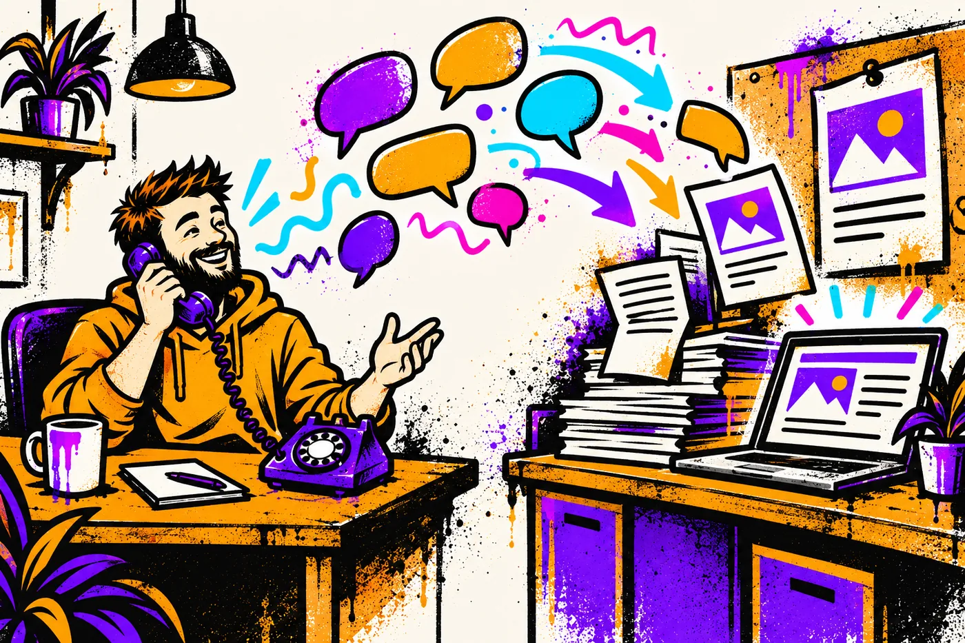 Illustration of a person on the phone at a desk while the words from the call float across the room and stack up into pages, posts and a website on the other side