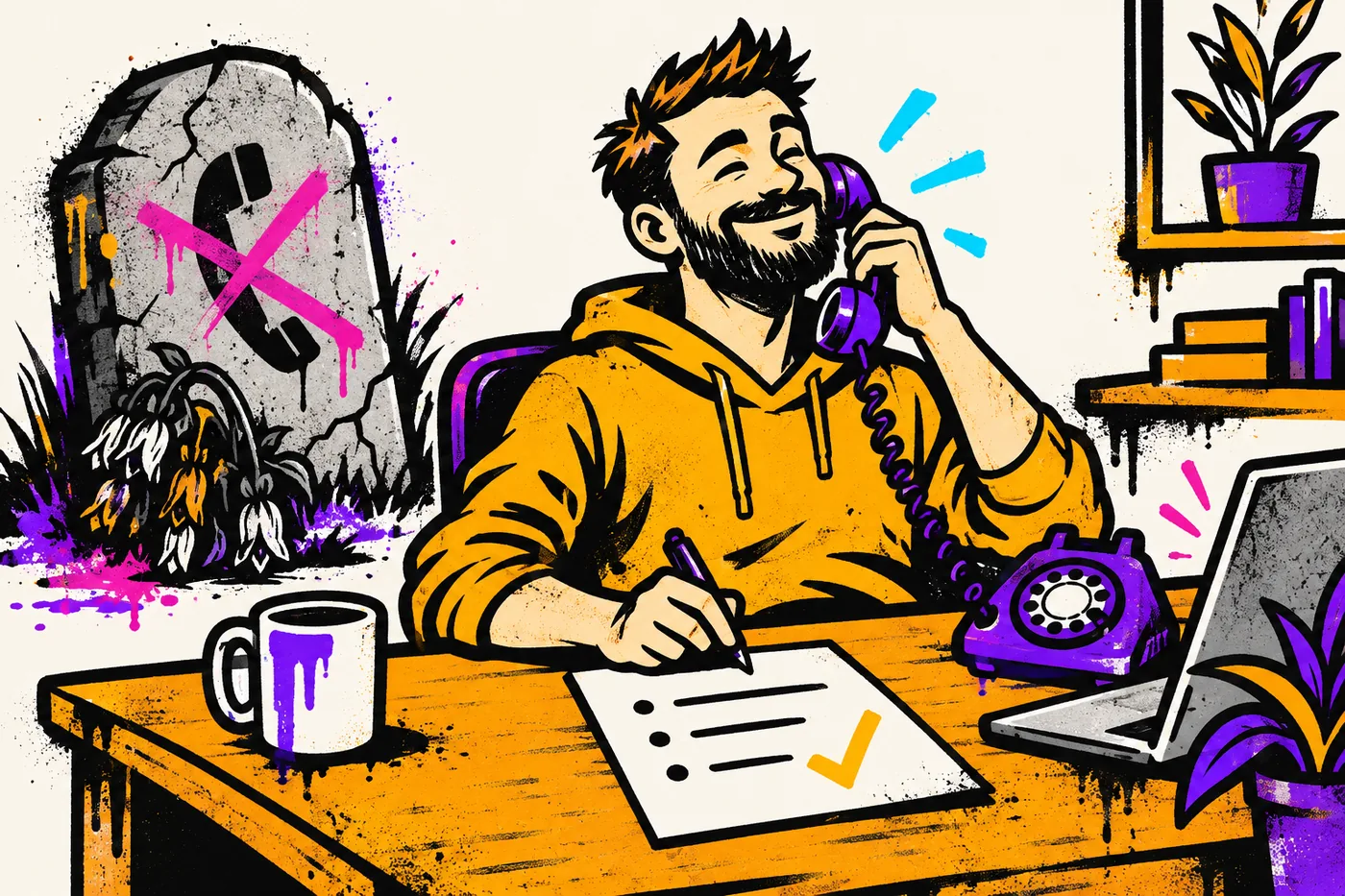 Illustration of a smiling business owner on a purple rotary phone at a tidy desk, ticking a short list, while a cracked gravestone with a crossed-out telephone and wilted flowers sits ignored in the background