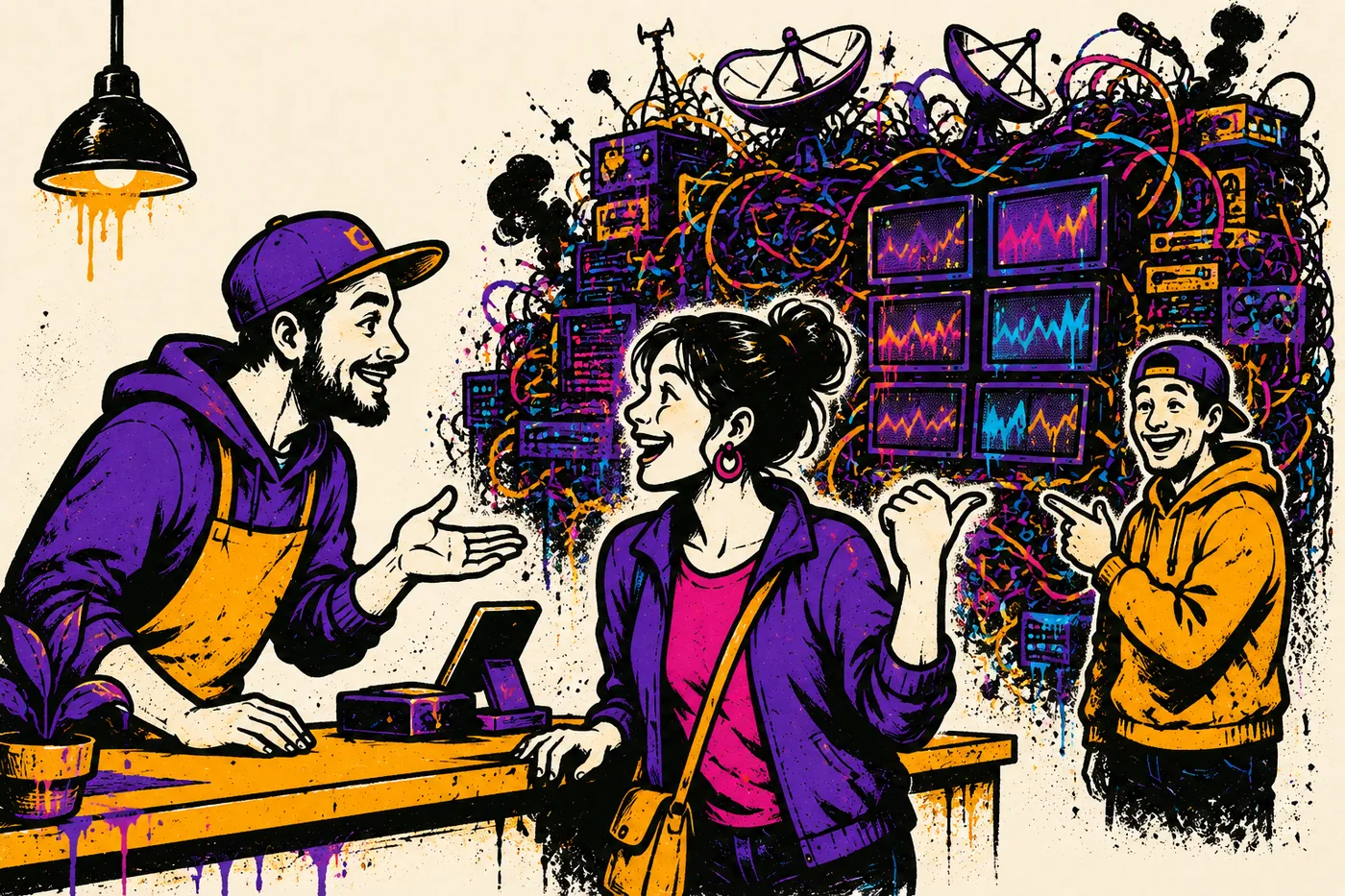 Illustration of a person simply asking a customer a question across a counter, while behind them a huge tangle of coloured cables and blinking boxes tries to answer the same question