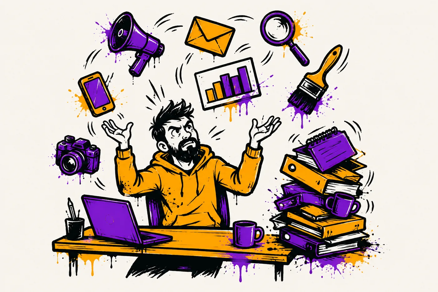 Illustration of one person at a small desk juggling many objects representing marketing channels while more pile up beside them