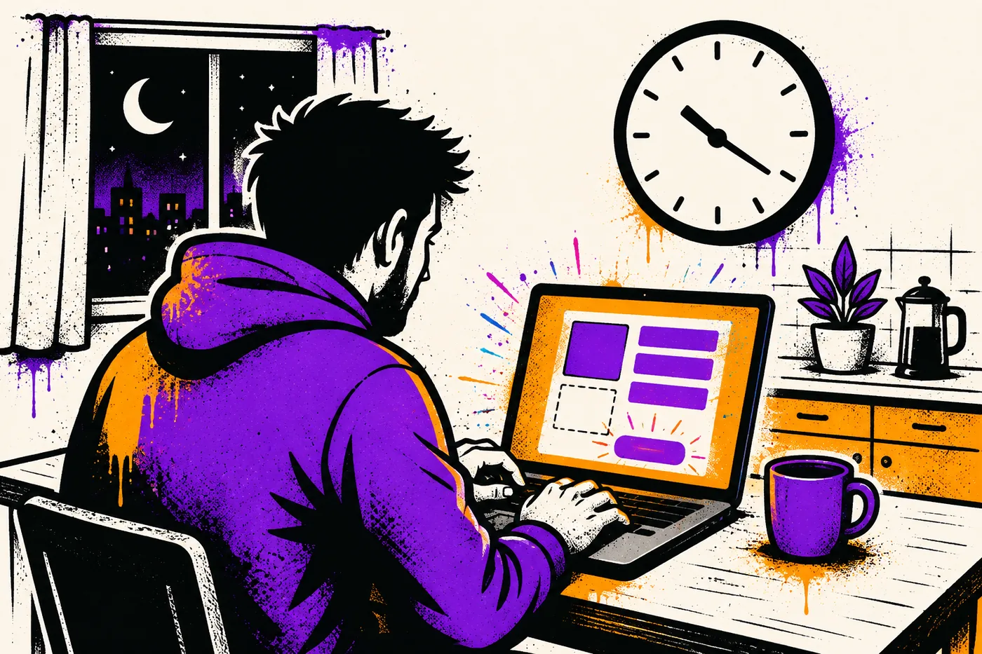 Illustration of a person at a kitchen table at night with a laptop, building a single glowing one-page tool while a wall clock shows late evening