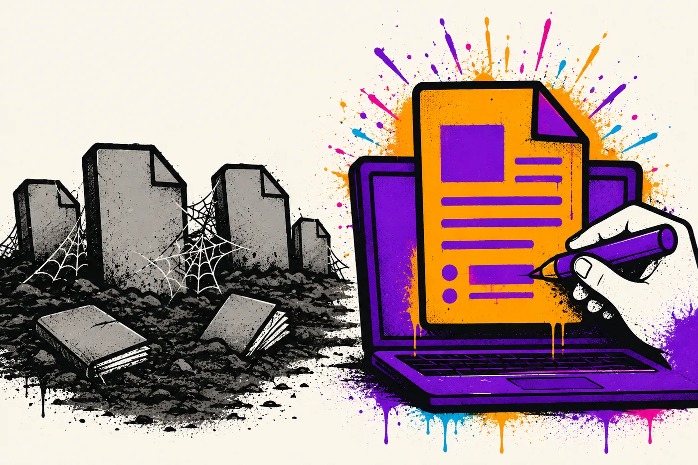 Illustration of a graveyard of grey PDF-shaped tombstones with cobwebs, next to a single glowing fillable page being used on a laptop