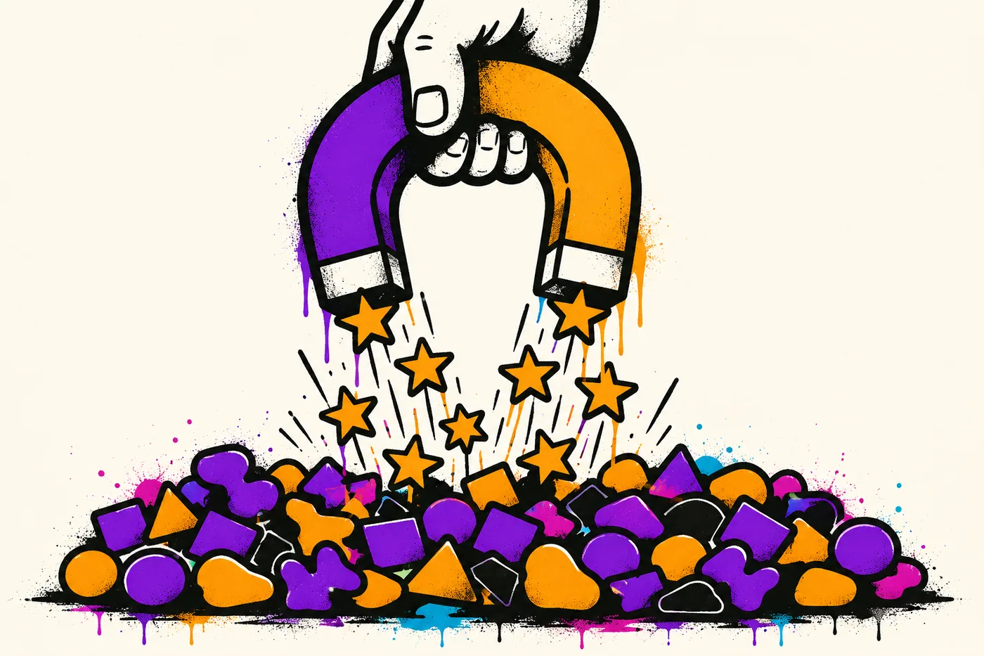 Illustration of a large horseshoe magnet lifting only the star-shaped pieces out of a pile of mixed shapes
