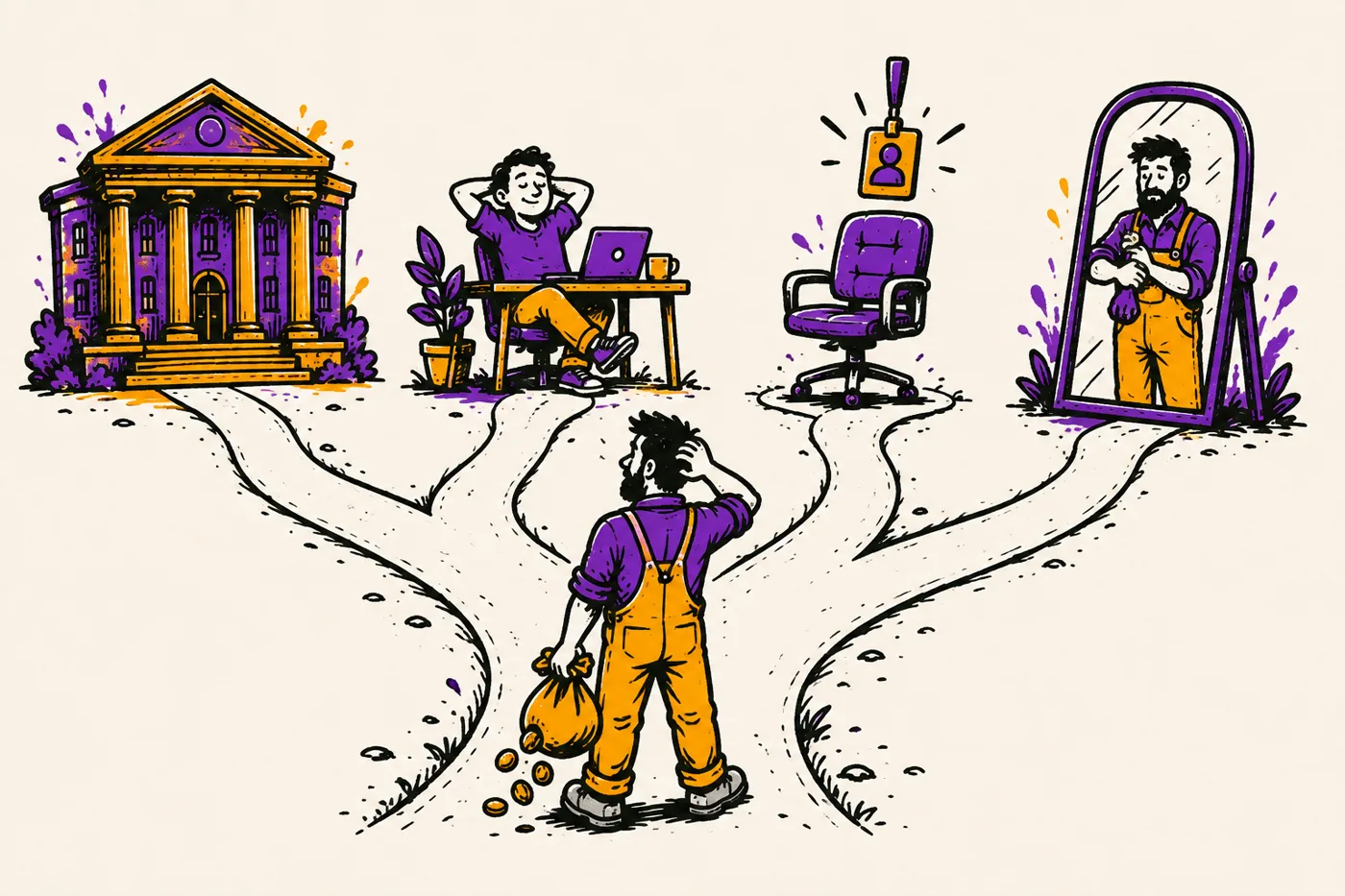 Illustration of a business owner holding a bag of coins at a path splitting four ways, towards a grand agency building, a freelancer at a desk, an empty office chair, and a mirror showing themselves