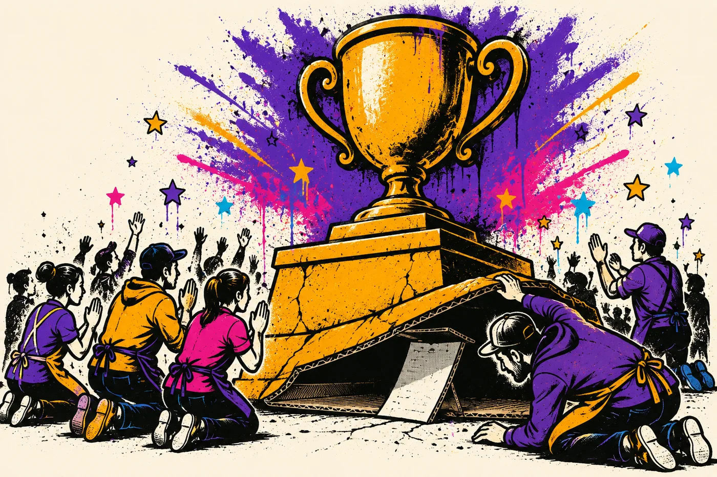 Illustration of a crowd kneeling before a giant golden trophy on a plinth, while one person lifts the edge of the plinth to find it is hollow cardboard propped up by a single sheet of paper