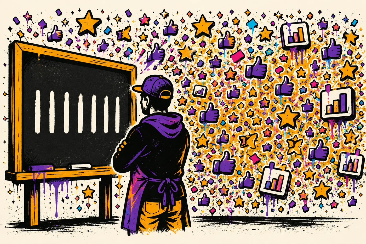 Illustration of a small-business owner with their back to a wall crowded with glittering stars, thumbs-ups and tiny charts, looking only at a chalkboard holding a short row of bold tally strokes