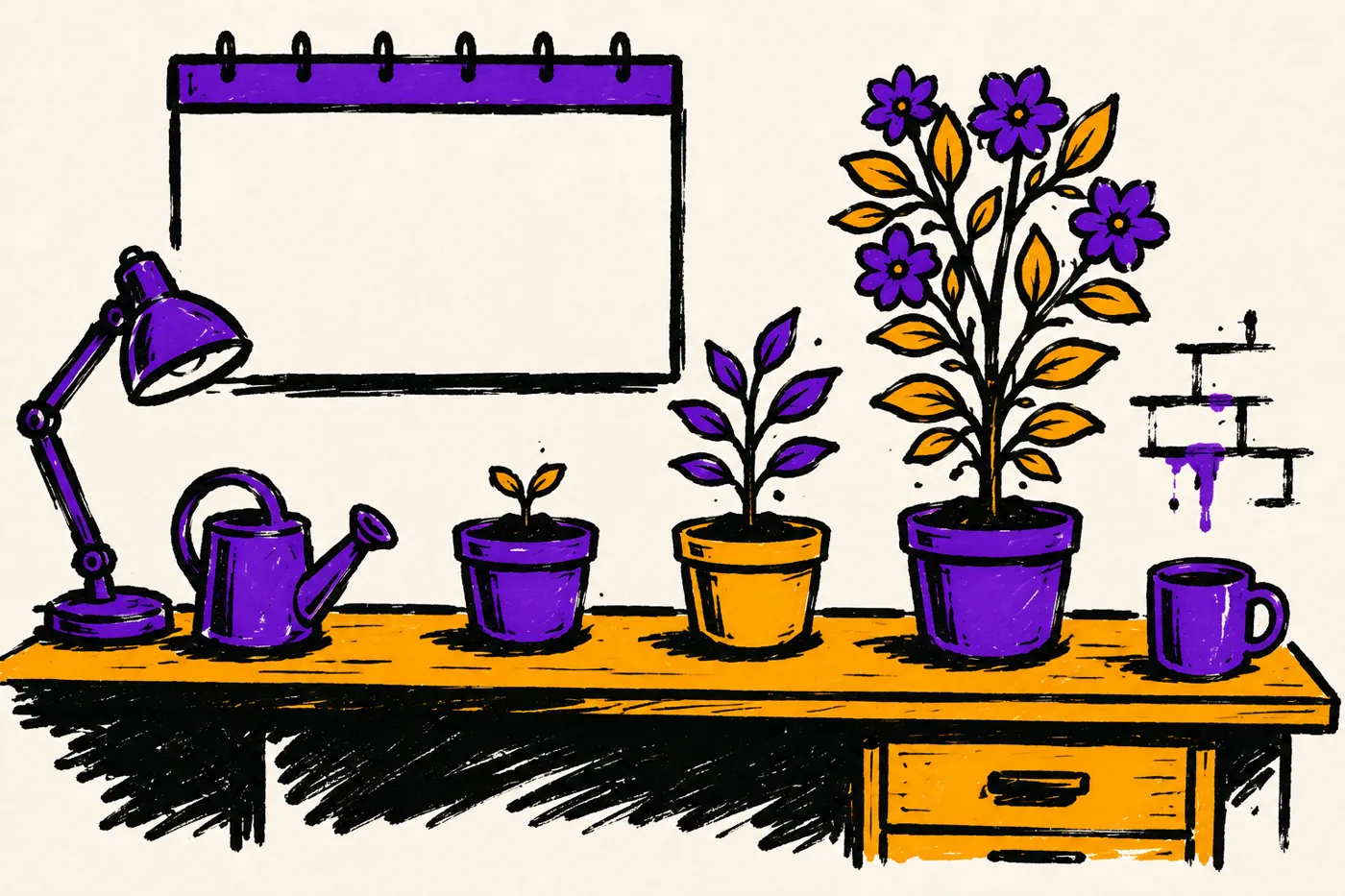 Illustration of a plant on an office desk shown at three stages of growth, from seedling to full bloom, with watering can beside it