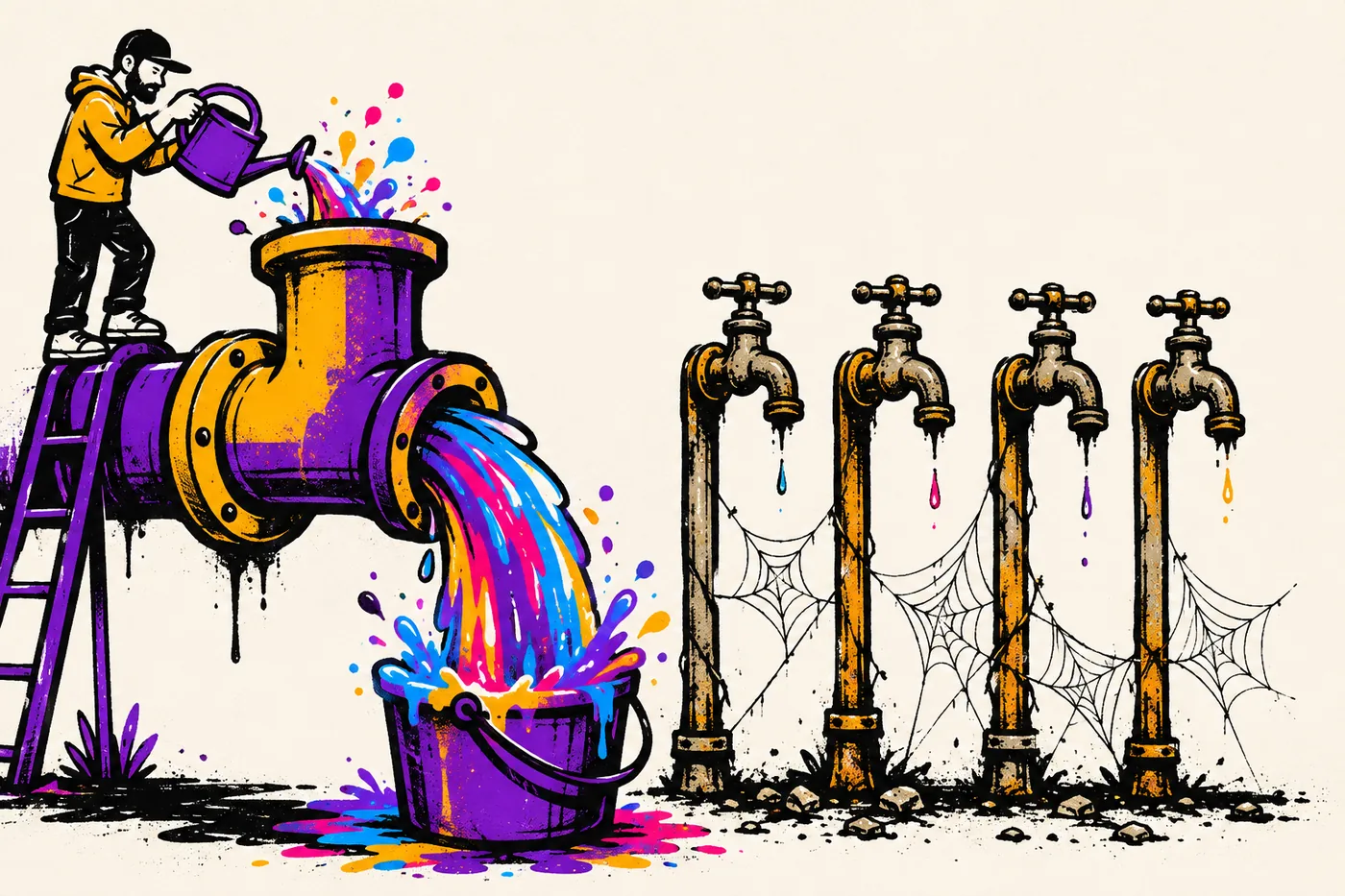Illustration of one thick healthy pipe being fed buckets of water while four neglected rusty taps drip and gather cobwebs