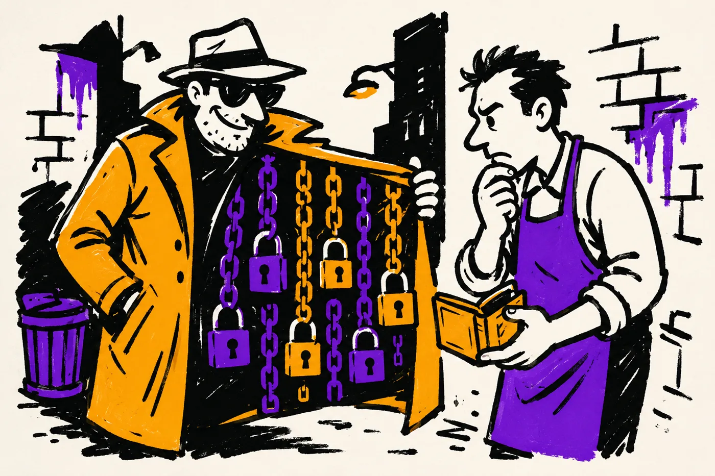 Illustration of a shady street vendor opening a long coat lined with chain links and padlocks to offer them to a wary small business owner