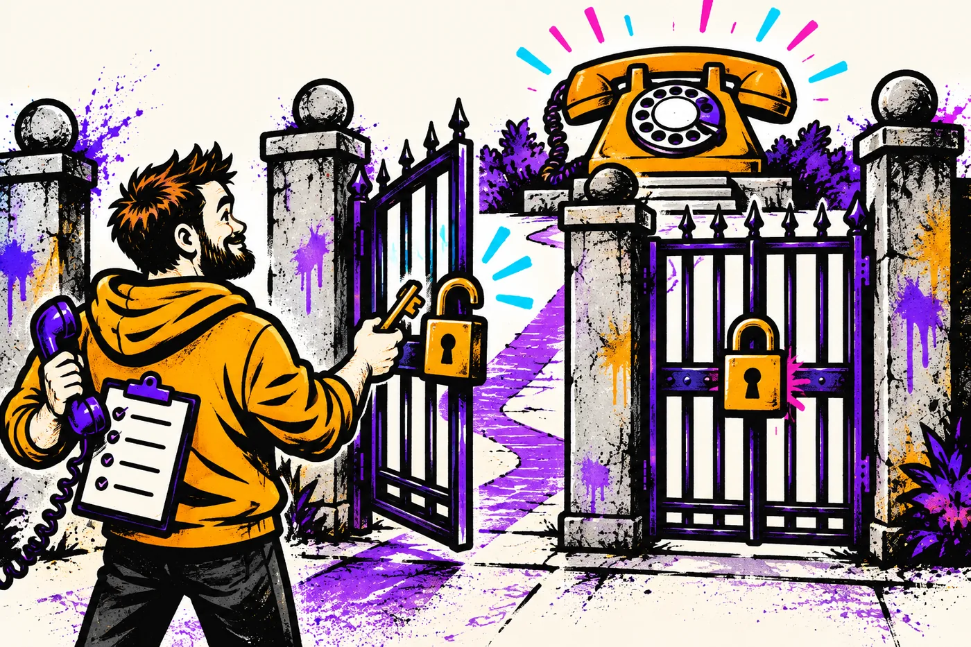 Illustration of two locked graffiti gates labelled with padlocks standing between a person and a telephone, with a short screened list in their hand