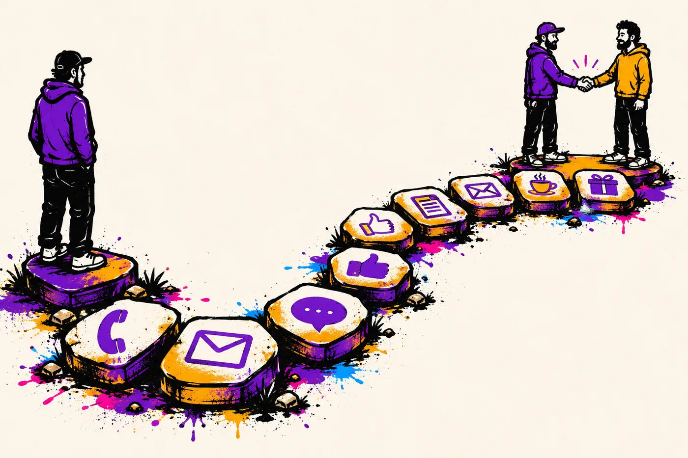 Illustration of spray-painted stepping stones of different shapes - a phone, envelopes, a thumbs up, a document - forming a winding path from a stranger figure to a handshake