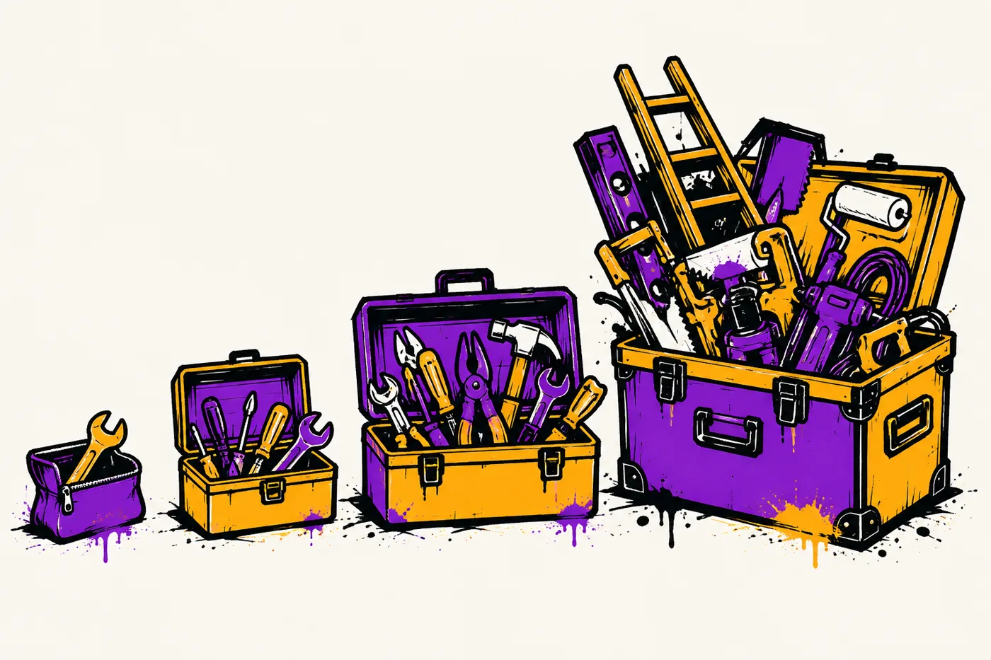 Illustration of stacked toolboxes of increasing size, from a small pouch to a large chest, each holding progressively more tools