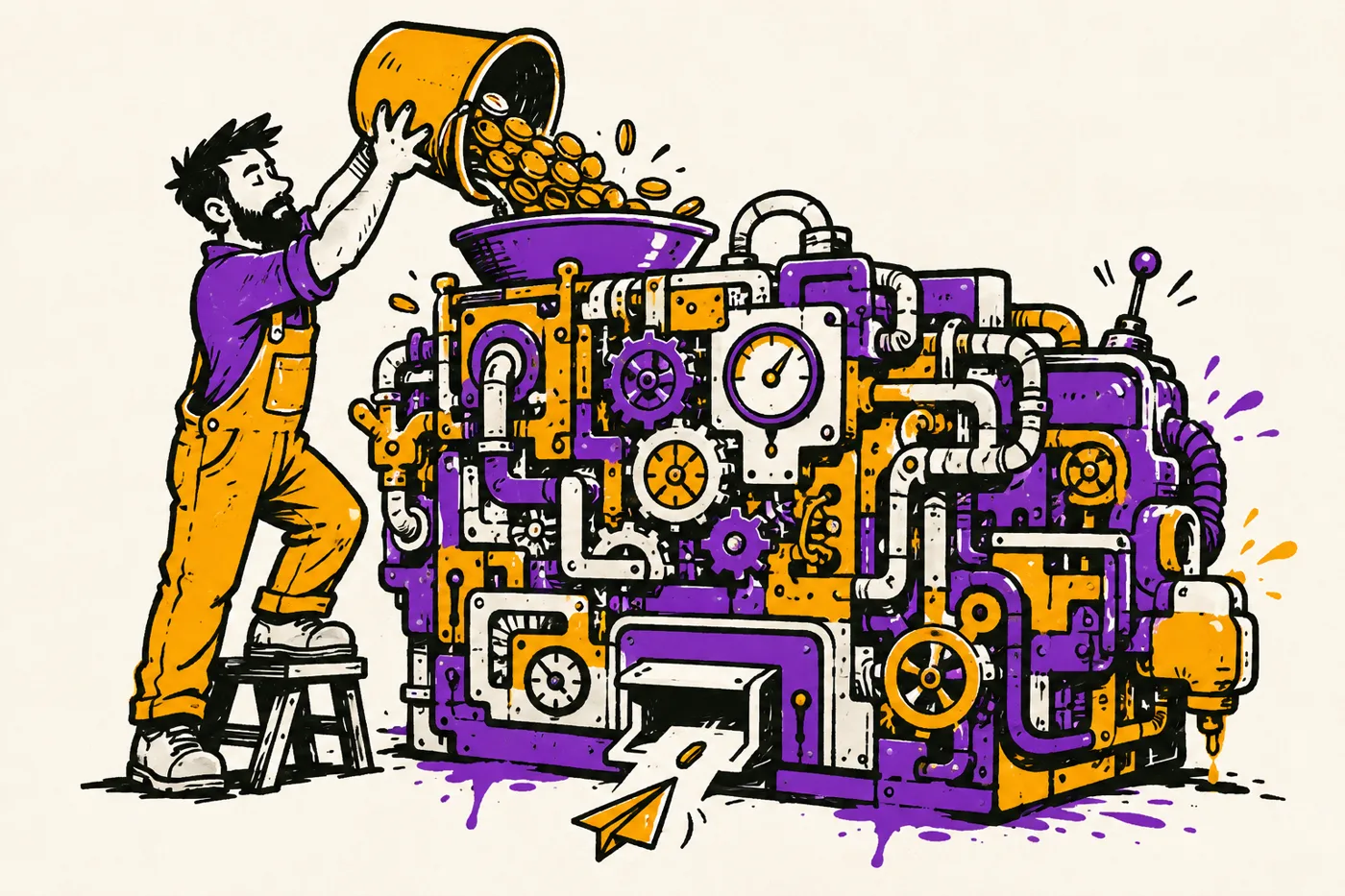 Illustration of a small business owner pouring a bucket of coins into a huge complicated machine while a single tiny paper plane drops out of the slot