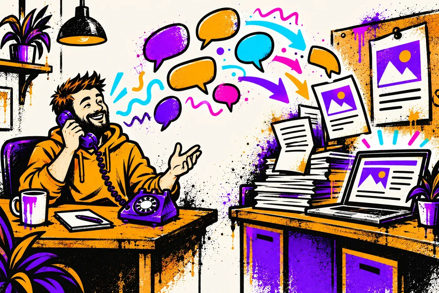 Illustration of a person on the phone at a desk while the words from the call float across the room and stack up into pages, posts and a website on the other side