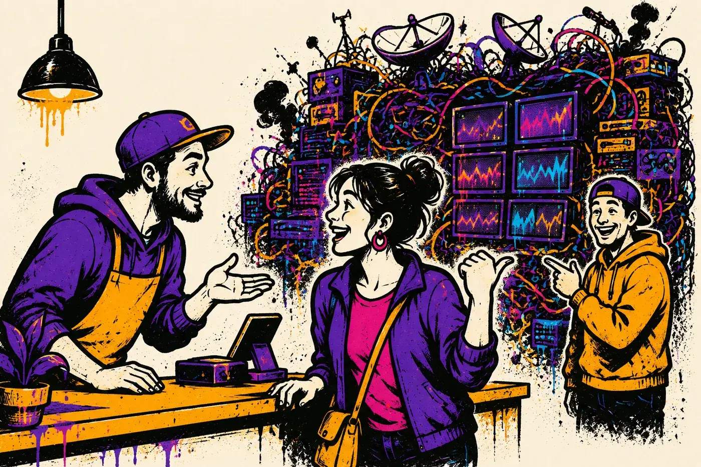 Illustration of a person simply asking a customer a question across a counter, while behind them a huge tangle of coloured cables and blinking boxes tries to answer the same question