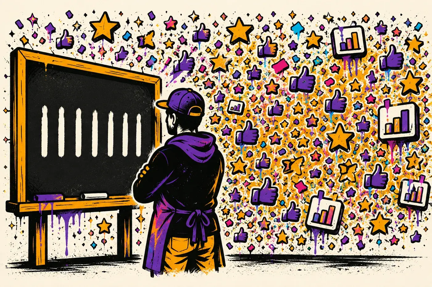 Illustration of a small-business owner with their back to a wall crowded with glittering stars, thumbs-ups and tiny charts, looking only at a chalkboard holding a short row of bold tally strokes